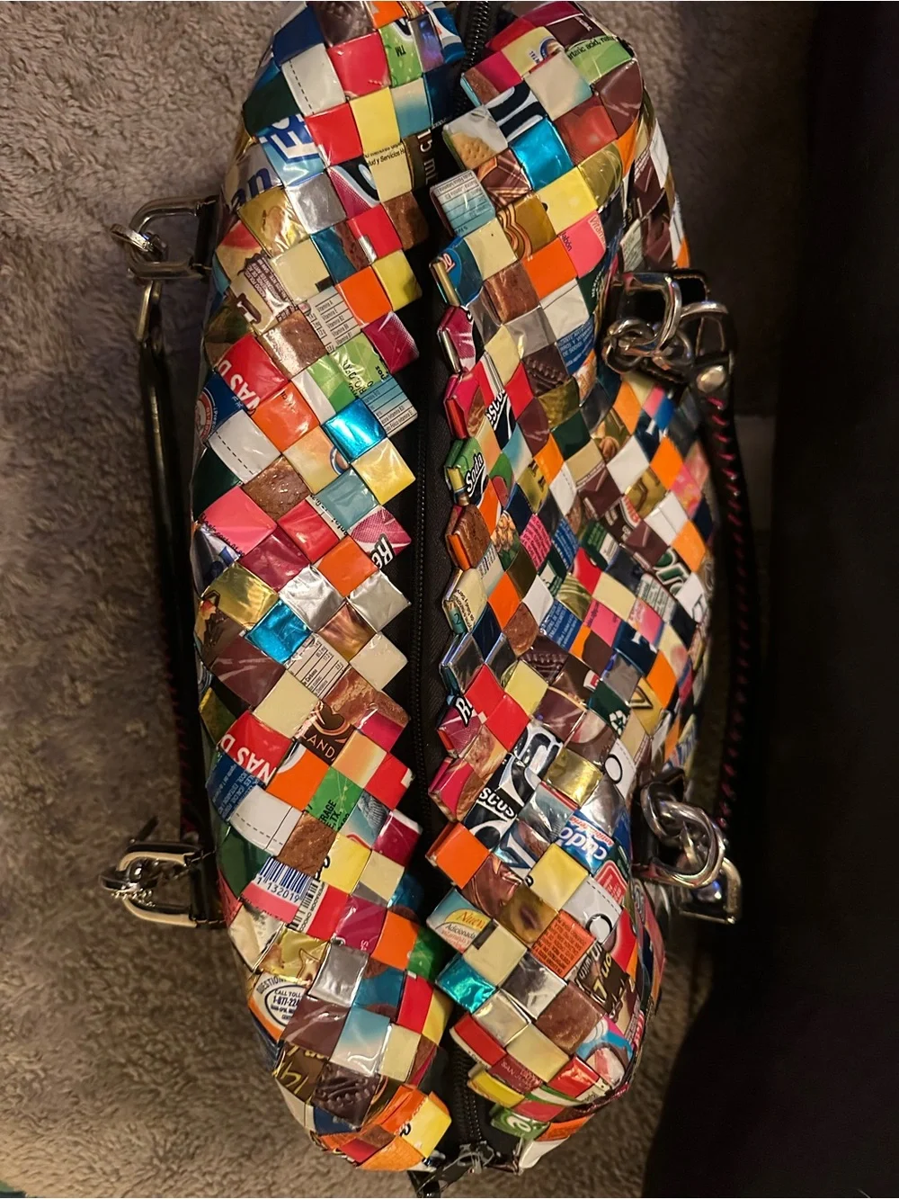 Nahui Ollin Recycled Candy Wrapper Multi-Color Woven Tote Bag - Eco Chic